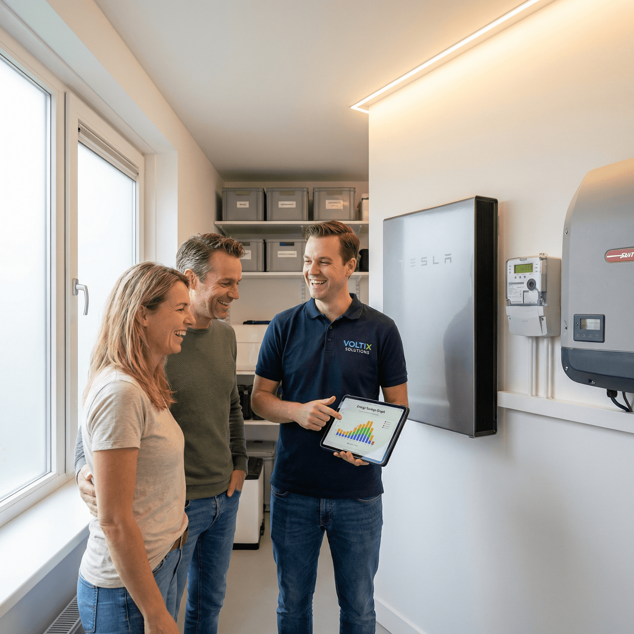 Tevreden familie in een modern huis met thuisbatterij installatie op de achtergrond