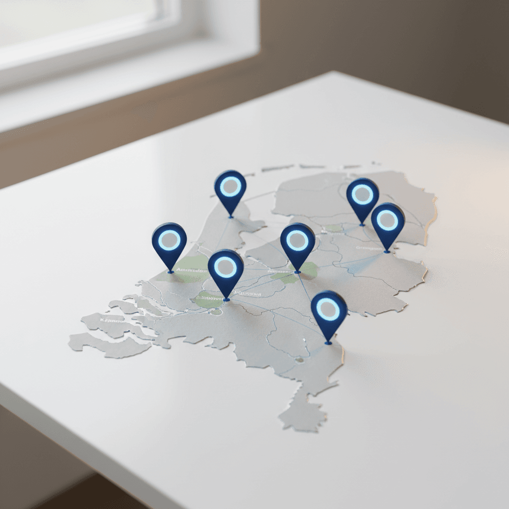 Kaart van Nederland met locatiepinnen in de belangrijkste steden